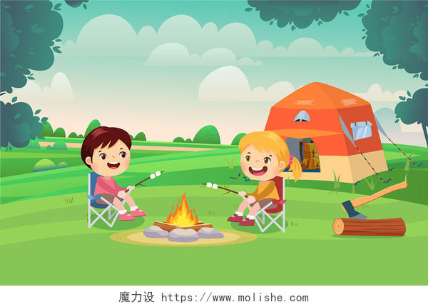 卡通儿童活动夏日丛林夏令营插画背景夏令营背景